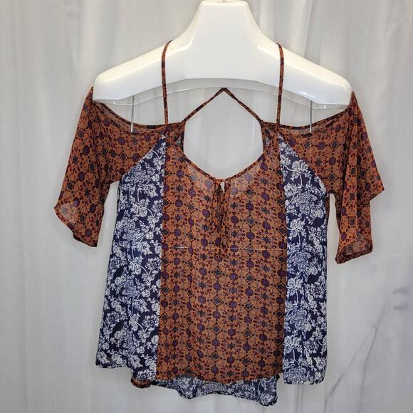 Intu Sheer Patchwork Floral Blouse w. Cris Cross Straps and Drop Sleeves, M - Picture 1 of 7